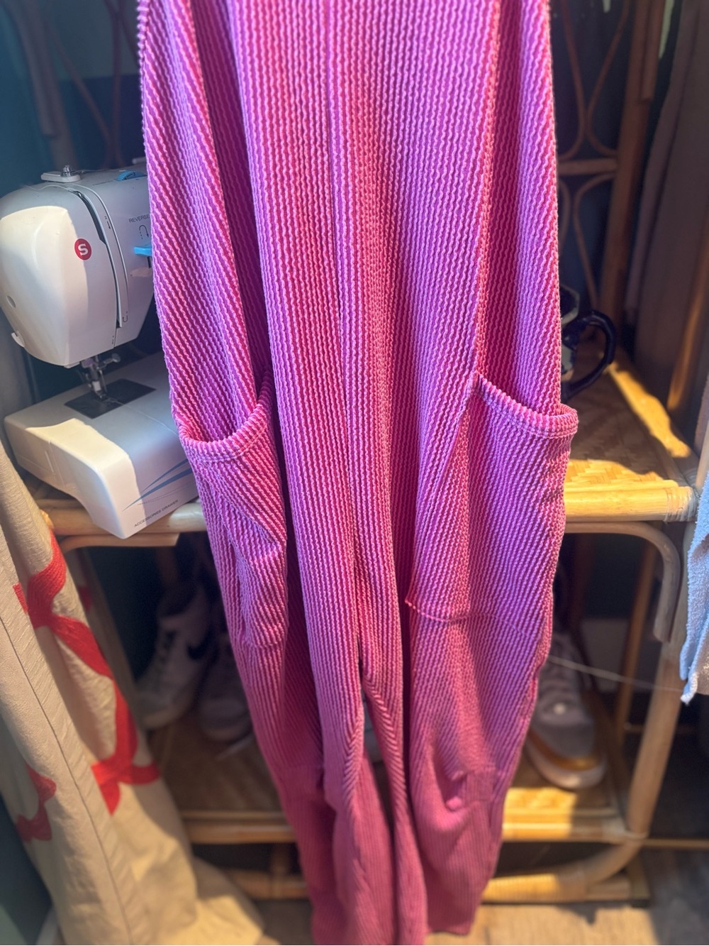 Bright Pink Ribbed Pocket Jumpsuit - Picture 4 of 7